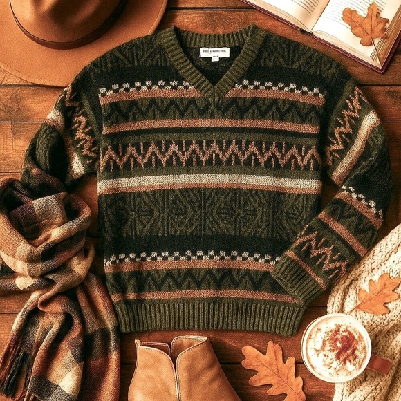 Vintage Kathy Ireland V-Neck Fair Isle Knit Sweater Cozy Cottagecore, M - Picture 7 of 8